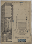 214930 Plattegrond en doorsnede van de schouwburg op het Vredenburg te Utrecht.